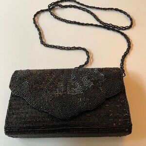 Black Beaded Clutch Evening Bag.